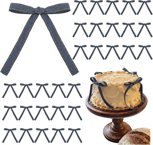 30 Pack Denim Bow Cake Decorations Jean Bow Birthday Cake Toppers with Silver Twist Ties Western Rustic Decorations for Birthday Baby Shower Wedding Country Party Supplies in Saudi Arabia
