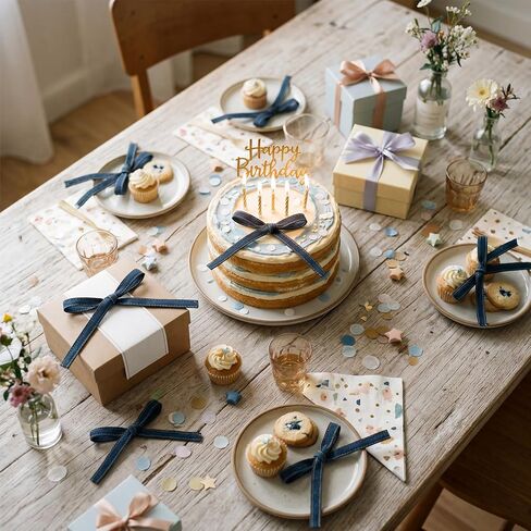 30 Pack Denim Bow Cake Decorations Jean Bow Birthday Cake Toppers with Silver Twist Ties Western Rustic Decorations for Birthday Baby Shower Wedding Country Party Supplies in Saudi Arabia