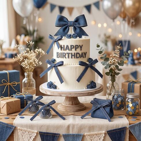 30 Pack Denim Bow Cake Decorations Jean Bow Birthday Cake Toppers with Silver Twist Ties Western Rustic Decorations for Birthday Baby Shower Wedding Country Party Supplies in Saudi Arabia