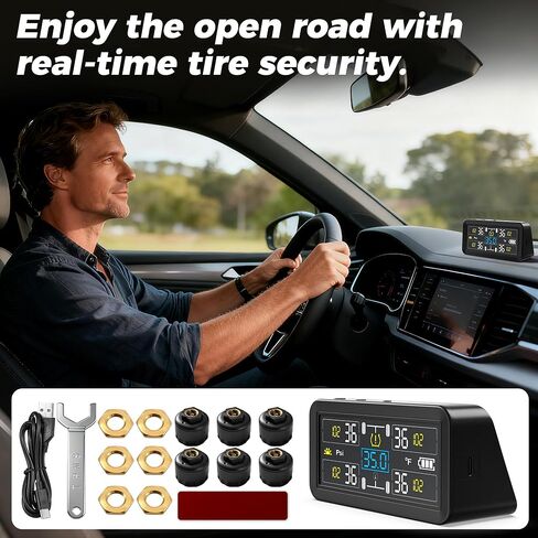 TPMS for RV & Trailer, 6 External Sensors Tire Pressure Monitoring System, 0-143 PSI High Pressure Range, Solar Powered Real-Time Monitor for Dually Truck, Camper, 5th Wheel, and Triple Axle Trailer in Saudi Arabia