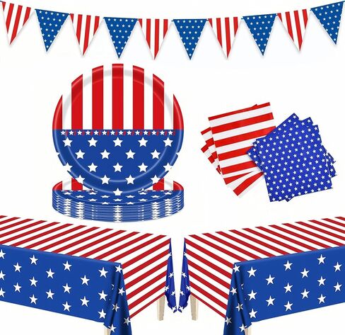 Serve 50,4th of July Party Supplies Set, Patriotic Party Decorations Sets,Includes 2 Tablecloth Dinner Plates, Napkins,Banner for Independence & Election Day Decorations in Saudi Arabia
