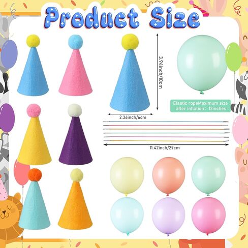 Civaner 12 Pcs Mini Party Hats and Balloons for Stuffed Animals, Felt Birthday Party Hats and 12" Balloons with Ribbon for Dolls Dog Cat Rabbit Puppies Decor(Pastel,Macaron Color,3.31 x 4.09 inches) in Kuwait