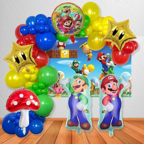 Mario Birthday Party Supplies, 133Pcs Balloons Arch Garland Kit, Assorted Latex Foil Balloons for Mario Birthday Party Decorations in Saudi Arabia