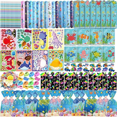 194PCS Under the Sea Party Favors 16 Pack Ocean Animals Stationery Set Bulk for Kids, Marine Animals Birthday Party Goodie Bag Stuffers Supplies Classroom Rewards Gifts for Kids in Saudi Arabia