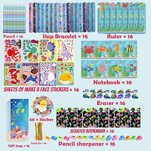 194PCS Under the Sea Party Favors 16 Pack Ocean Animals Stationery Set Bulk for Kids, Marine Animals Birthday Party Goodie Bag Stuffers Supplies Classroom Rewards Gifts for Kids in Saudi Arabia