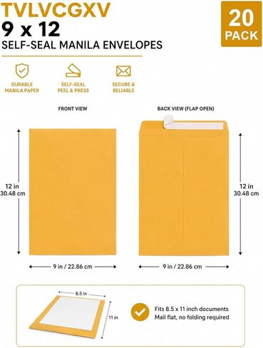 9x12 Manilla Envelopes Self Seal, 20 Pack - 100 GSM Heavyweight Brown Kraft Large Envelopes 9x12 for Mailing, Shipping and Document Organizing, Easy Peel & Press in Kuwait