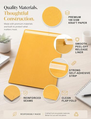 9x12 Manilla Envelopes Self Seal, 20 Pack - 100 GSM Heavyweight Brown Kraft Large Envelopes 9x12 for Mailing, Shipping and Document Organizing, Easy Peel & Press in Kuwait