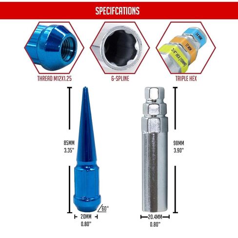 Wheel Accessories Parts 20 Pcs M12 x 1.25 12 x 1.25 Thread Spike Spline 3.35" Long Lug Nuts Blue Car Spline Hex Fits Nissan 370Z Sentra ｜ Subaru BRZ Outback WRX ｜ Toyota GR86 in Kuwait