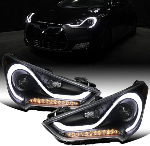 Ronnin - Fits 2012-2017 Hyundai Veloster Upgrade LED Running Light Tube Sequential Turn Signals Projector Headlights Assembly Pair | Black in Kuwait
