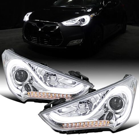 Ronnin - Fits 2012-2017 Hyundai Veloster Upgrade LED Running Light Tube Sequential Turn Signals Projector Headlights Assembly Pair | Black in Kuwait