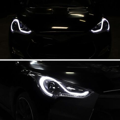 Ronnin - Fits 2012-2017 Hyundai Veloster Upgrade LED Running Light Tube Sequential Turn Signals Projector Headlights Assembly Pair | Black in Kuwait