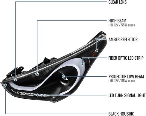 Ronnin - Fits 2012-2017 Hyundai Veloster Upgrade LED Running Light Tube Sequential Turn Signals Projector Headlights Assembly Pair | Black in Kuwait