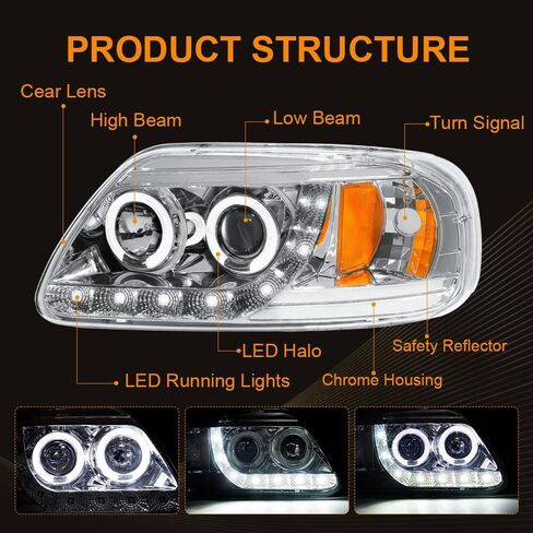 LED Projector Headlight Assembly, Fit 1997-2003 Ford F150/ 2004 Ford F150 Heritage/97-99 Ford F250 Light Duty/97-02 Ford Expedition Pair of Left & Right Side Chrome Housing Amber Reflector in Saudi Arabia