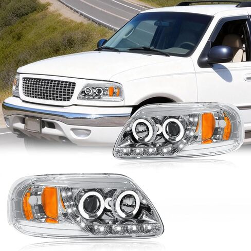 LED Projector Headlight Assembly, Fit 1997-2003 Ford F150/ 2004 Ford F150 Heritage/97-99 Ford F250 Light Duty/97-02 Ford Expedition Pair of Left & Right Side Chrome Housing Amber Reflector in Saudi Arabia