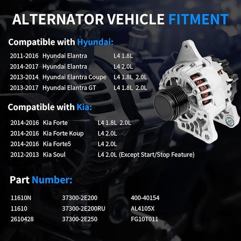 New Alternator Replacement for 2011 2012 2013 2014 2015 2016 2017 Hyundai Elantra, 13-14 Elantra Coupe, 13-17 Elantra GT, 14-16 Kia Forte Forte5 Forte Koup, 12-13 Soul L4 1.8 2.0L 2610428 37300-2E200 in Kuwait
