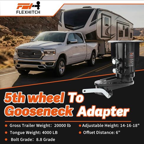 Patented 6" Offset Fifth Wheel to Gooseneck Adapter, Height Adjustable 14-18", Bolt-On to Kingpin Box, Ideal for Trucks Needing Extra Clearance When Towing Fifth Wheel Campers, with Safety Chain in Saudi Arabia