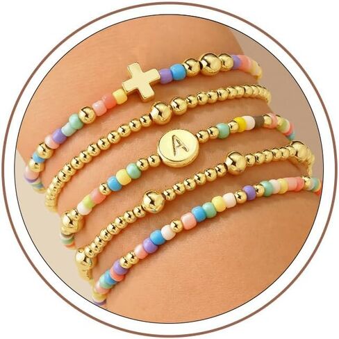 M MOOHAM Gifts for Women Girls - 5PCS Colorful Beaded Bracelets Cross Bracelet Disc Letter A-Z Initial Bracelet Stretch Stackable Bracelet Set for Women, Birthday Gift Christian Jewelry in Saudi Arabia