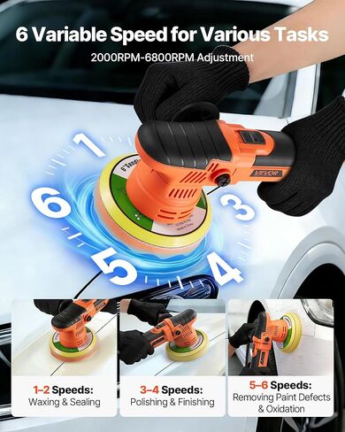 VEVOR Car Buffer Polisher, 6-Inch Dual Action Polisher Buffer Waxer, 650W 6 Variable Speeds 2000-6800RPM Random Orbital Polisher Kit for Cars Detailing, Waxing, Polishing in Kuwait