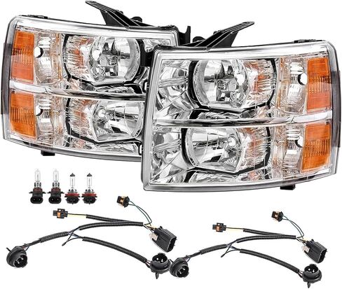 مجموعة المصابيح الأمامية APSVE مع لمبة وحزام أسلاك متوافق مع موديلات 2007-2013 Chevy Silverado 1500، 07-14 Silverado 2500 3500 & HD، استبدال المصابيح الأمامية الزوجية + حزام الأسلاك + المصابيح in Kuwait