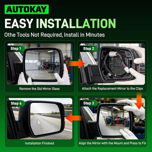 AUTOKAY Right Passenger Side Mirror Glass with Power Heated Fits for Ford F-150 2011 2012 2013 2014, Passenger Side Mirror Exterior Rearview Mirror Replaces 4L3Z-17K707-DA in Kuwait