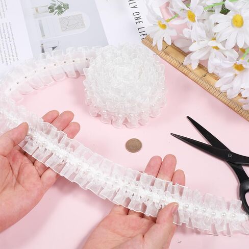 2 Yards Pearl Lace Ribbon Trim, White Lace Ruffle Fabric Trim for Sewing, Pearl Chiffon Pleated Laces Trims for DIY Crafts, Sewing Wedding Dress, Clothes, Bouquet, Home Decorations in Kuwait