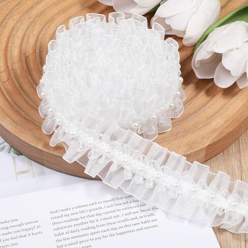 2 Yards Pearl Lace Ribbon Trim, White Lace Ruffle Fabric Trim for Sewing, Pearl Chiffon Pleated Laces Trims for DIY Crafts, Sewing Wedding Dress, Clothes, Bouquet, Home Decorations in Kuwait