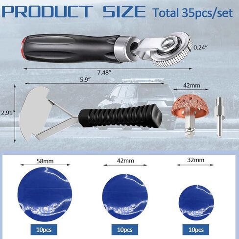Tire Repair Patch Kit Heavy Duty, 35pcs Tire Repair Tools 42mm Tire Buffing Wheel 32/42/58mm Tire Patches with Tire Patch Roller Inner Liner Scraper for Car Motorcycle Bike Tractors Grinding in Kuwait