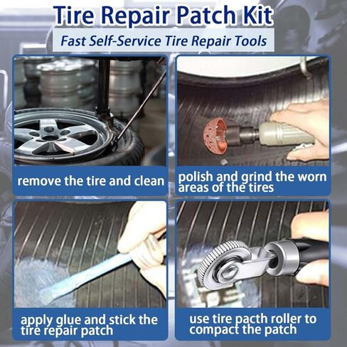 Tire Repair Patch Kit Heavy Duty, 35pcs Tire Repair Tools 42mm Tire Buffing Wheel 32/42/58mm Tire Patches with Tire Patch Roller Inner Liner Scraper for Car Motorcycle Bike Tractors Grinding in Kuwait