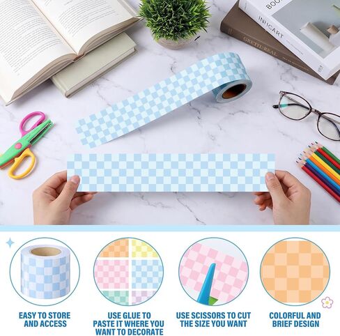 Tenceur 6 Rolls 196.8 ft Pastel Checkerboard Bulletin Board Borders Checkerboard Classroom Decorations Pastel Straight Border Trims for Back to School Classroom Wall Windows Chalkboard Decor in Kuwait