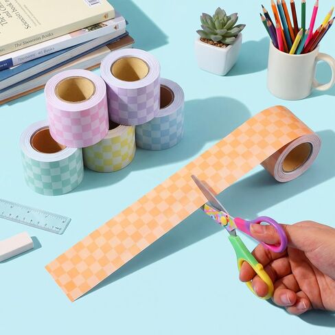 Tenceur 6 Rolls 196.8 ft Pastel Checkerboard Bulletin Board Borders Checkerboard Classroom Decorations Pastel Straight Border Trims for Back to School Classroom Wall Windows Chalkboard Decor in Kuwait