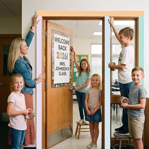 Tenceur 6 Rolls 196.8 ft Pastel Checkerboard Bulletin Board Borders Checkerboard Classroom Decorations Pastel Straight Border Trims for Back to School Classroom Wall Windows Chalkboard Decor in Kuwait
