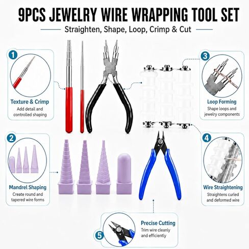 TANJIN Wire Wrapping Set Metal Wire Straightener Coil Jig Tool Quilling Tool Paper Crimper Jaw Pliers Cutting Tweezers Jump Rings Beading Jewelry Forming Shaping Mandrel 9PCS in Saudi Arabia