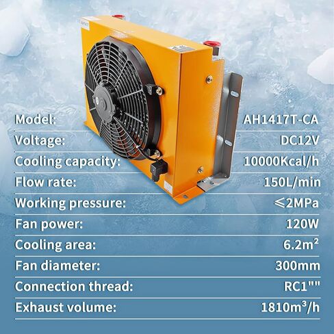 AH1417T-CA Fan Hydraulic Oil Cooler 12VDC 120W 150 L/min, Low Noise and Power Usage fans, designed for efficient air-cooled heat dissipation in machinery, Precise Welding & Efficient Fan in Saudi Arabia