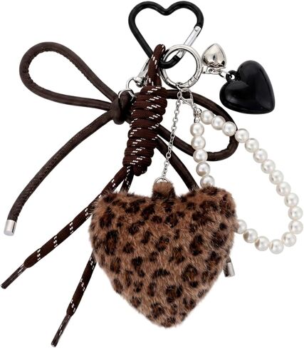 Leopard Print Plush Heart Keychain Charms - Y2K Style Fluffy Pom-Pom Bag Charm with Braided Rope, Brown Bowknot Cheetah Key Chains for Purse Handbags Backpacks Car Keys in Saudi Arabia