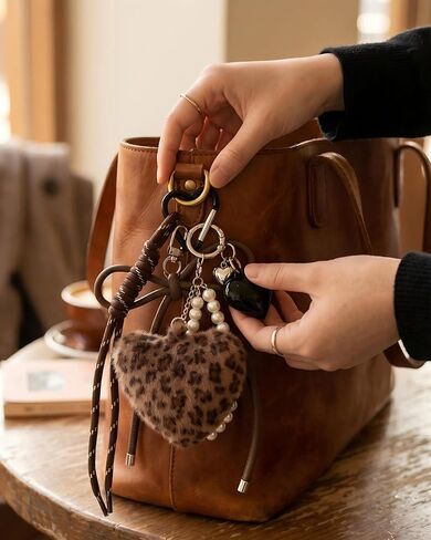Leopard Print Plush Heart Keychain Charms - Y2K Style Fluffy Pom-Pom Bag Charm with Braided Rope, Brown Bowknot Cheetah Key Chains for Purse Handbags Backpacks Car Keys in Saudi Arabia