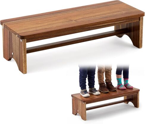 Leinuosen Extra Long 32 in Wooden Step Stool Acacia Wood Step with Non-Skid Surface Holds up to 550 Lbs Heavy Duty One Foot Stool for Adults and Seniors for Bed Kitchen Bathroom Outdoor in Kuwait