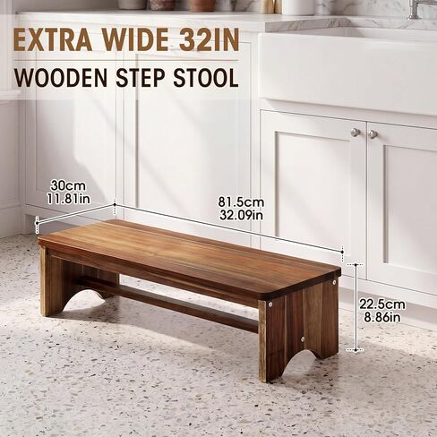 Leinuosen Extra Long 32 in Wooden Step Stool Acacia Wood Step with Non-Skid Surface Holds up to 550 Lbs Heavy Duty One Foot Stool for Adults and Seniors for Bed Kitchen Bathroom Outdoor in Kuwait