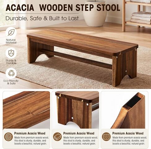 Leinuosen Extra Long 32 in Wooden Step Stool Acacia Wood Step with Non-Skid Surface Holds up to 550 Lbs Heavy Duty One Foot Stool for Adults and Seniors for Bed Kitchen Bathroom Outdoor in Kuwait