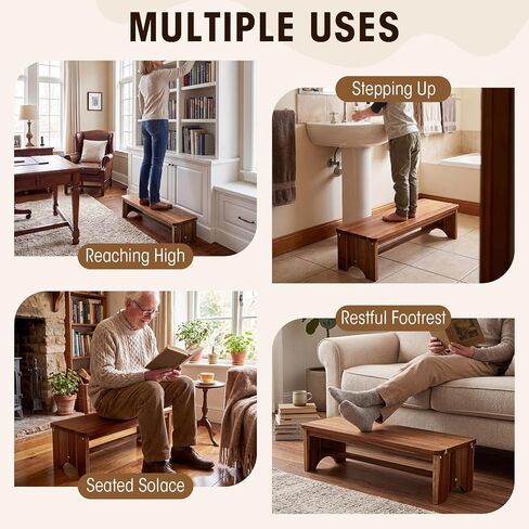 Leinuosen Extra Long 32 in Wooden Step Stool Acacia Wood Step with Non-Skid Surface Holds up to 550 Lbs Heavy Duty One Foot Stool for Adults and Seniors for Bed Kitchen Bathroom Outdoor in Kuwait