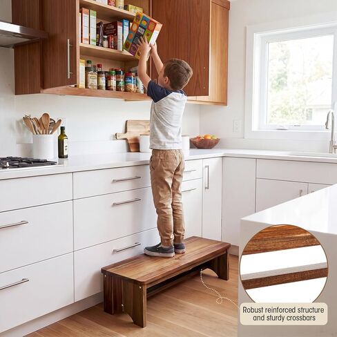 Leinuosen Extra Long 32 in Wooden Step Stool Acacia Wood Step with Non-Skid Surface Holds up to 550 Lbs Heavy Duty One Foot Stool for Adults and Seniors for Bed Kitchen Bathroom Outdoor in Kuwait