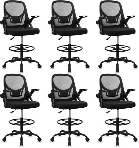 KLASIKA Tall Drafting Chair for Standing Desk, Extended Height Ergonomic Office Chairs with Flip-up Armrests and Lumbar Support, Mesh Back Computer High Chair with Adjustable Footrest Ring, Black in Saudi Arabia