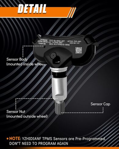 نظام مراقبة ضغط الإطارات بمستشعر TPMS 315 ميجاهرتز مبرمج مسبقًا لـ: -Honda Civic 2008-2013، CR-Z، Element، Fit، Insight، Odyssey 2011-2016، استبدال # 42753TR3A81 (4 عبوات) in Kuwait