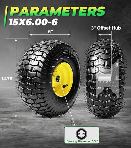 قطعتان 15x6.00-6 بدون أنبوب 4 طبقات من الإطارات الأمامية والعجلات لجزازة العشب، بديل لجزازات ركوب الخيل من Craftsman® John Deere Cub Cadet وجرارات العشب، سعة 570 رطل، محور إزاحة 3 بوصة، محمل 3/4 بوصة in Kuwait