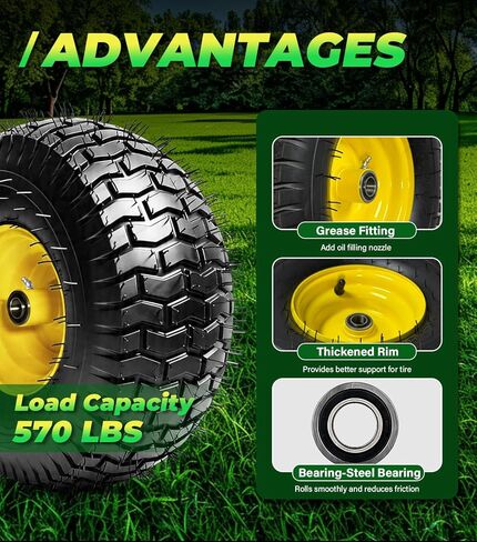 قطعتان 15x6.00-6 بدون أنبوب 4 طبقات من الإطارات الأمامية والعجلات لجزازة العشب، بديل لجزازات ركوب الخيل من Craftsman® John Deere Cub Cadet وجرارات العشب، سعة 570 رطل، محور إزاحة 3 بوصة، محمل 3/4 بوصة in Kuwait