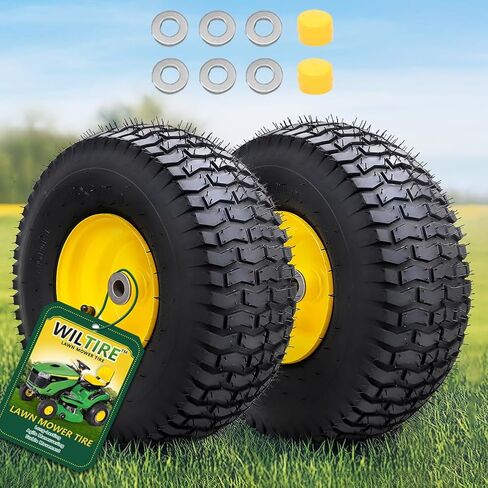 15x6.00-6 مجموعة إطارات وعجلات بدون أنبوب (عبوتان)، إطارات أمامية بديلة لجزازة العشب، متوافقة مع جزازات الركوب وجرار العشب، محور مركزي 3 بوصات وبطانات 3/4 بوصة (أصفر) in Kuwait