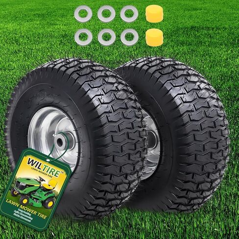 15x6.00-6 مجموعة إطارات وعجلات بدون أنبوب (عبوتان)، إطارات أمامية بديلة لجزازة العشب، متوافقة مع جزازات الركوب وجرار العشب، محور مركزي 3 بوصات وبطانات 3/4 بوصة (أصفر) in Kuwait