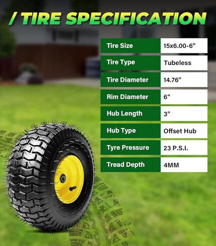 قطعتان 15x6.00-6 بدون أنبوب 4 طبقات من الإطارات الأمامية والعجلات لجزازة العشب، بديل لجزازات ركوب الخيل من Craftsman® John Deere Cub Cadet وجرارات العشب، سعة 570 رطل، محور إزاحة 3 بوصة، محمل 3/4 بوصة in Kuwait