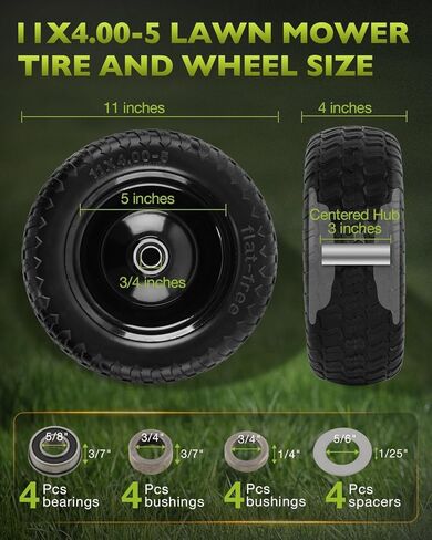 مجموعة إطارات وعجلات مسطحة مقاس 11x4.00-5 من HQPASFY، محمل 3/4 بوصة مع محامل إضافية 5/8 بوصة، محور مركزي 3 بوصة، يتضمن البطانات والفواصل، قطعتان in Kuwait