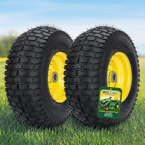 15x6.00-6 مجموعة إطارات وعجلات بدون أنبوب (عبوتان)، إطارات أمامية بديلة لجزازة العشب، متوافقة مع جزازات الركوب وجرار العشب، محور مركزي 3 بوصات وبطانات 3/4 بوصة (أصفر) in Kuwait