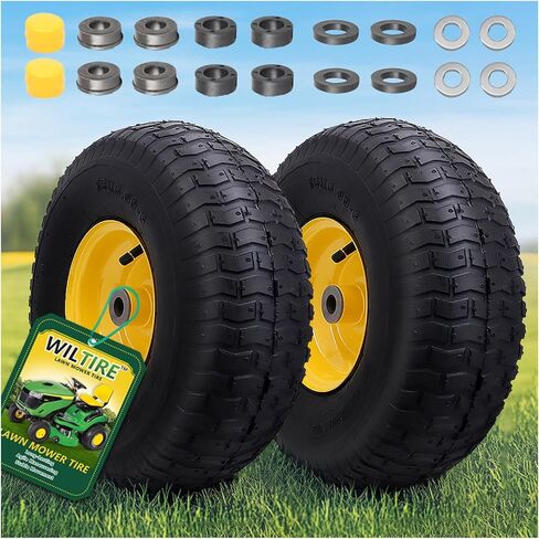 15x6.00-6 مجموعة إطارات وعجلات بدون أنبوب (عبوتان)، إطارات أمامية بديلة لجزازة العشب، متوافقة مع جزازات الركوب وجرار العشب، محور مركزي 3 بوصات وبطانات 3/4 بوصة (أصفر) in Kuwait